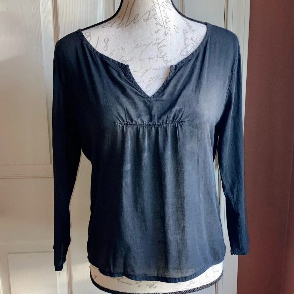 Black Sheer Lightweight Cotton Blouse Top 3/4 Sleeves by City Lights Medium - Picture 1 of 8